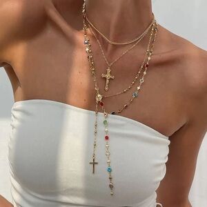 Boho Y Drop Cross Lariat Gold Multicolor Layered Rosary Necklace